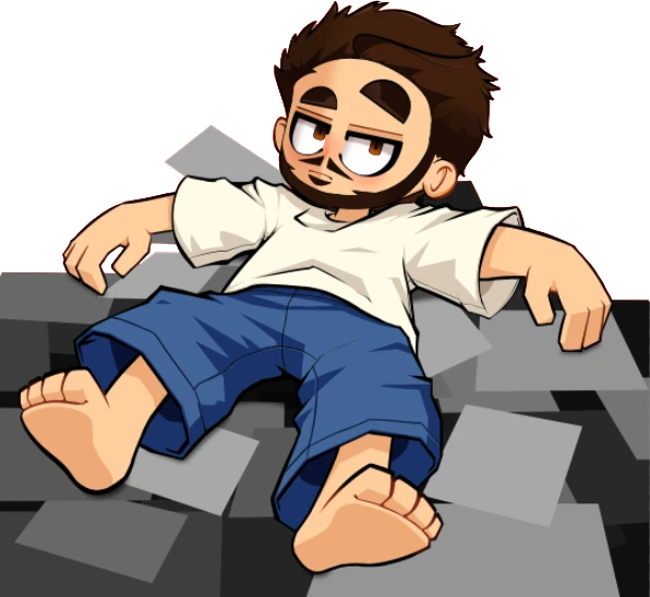 Illustration de Nicholas Goudes, barbu en t-shirt blanc, affalé sur une pile de miniatures